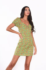 Lime-Red-Ditsy Short-Sleeve Mini-Dress