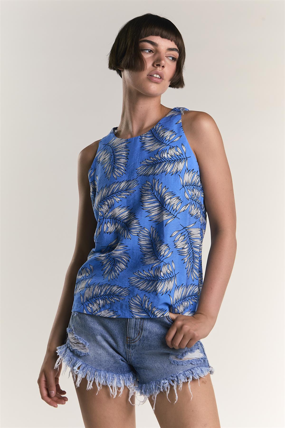 LADIES TOP-BLUE LEAF PRINT-2Xtra Small