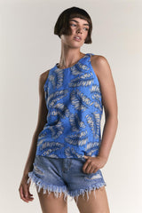 LADIES TOP-BLUE LEAF PRINT-2Xtra Small