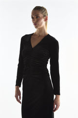 Ruched Front Maxi Dress - Black Velvet