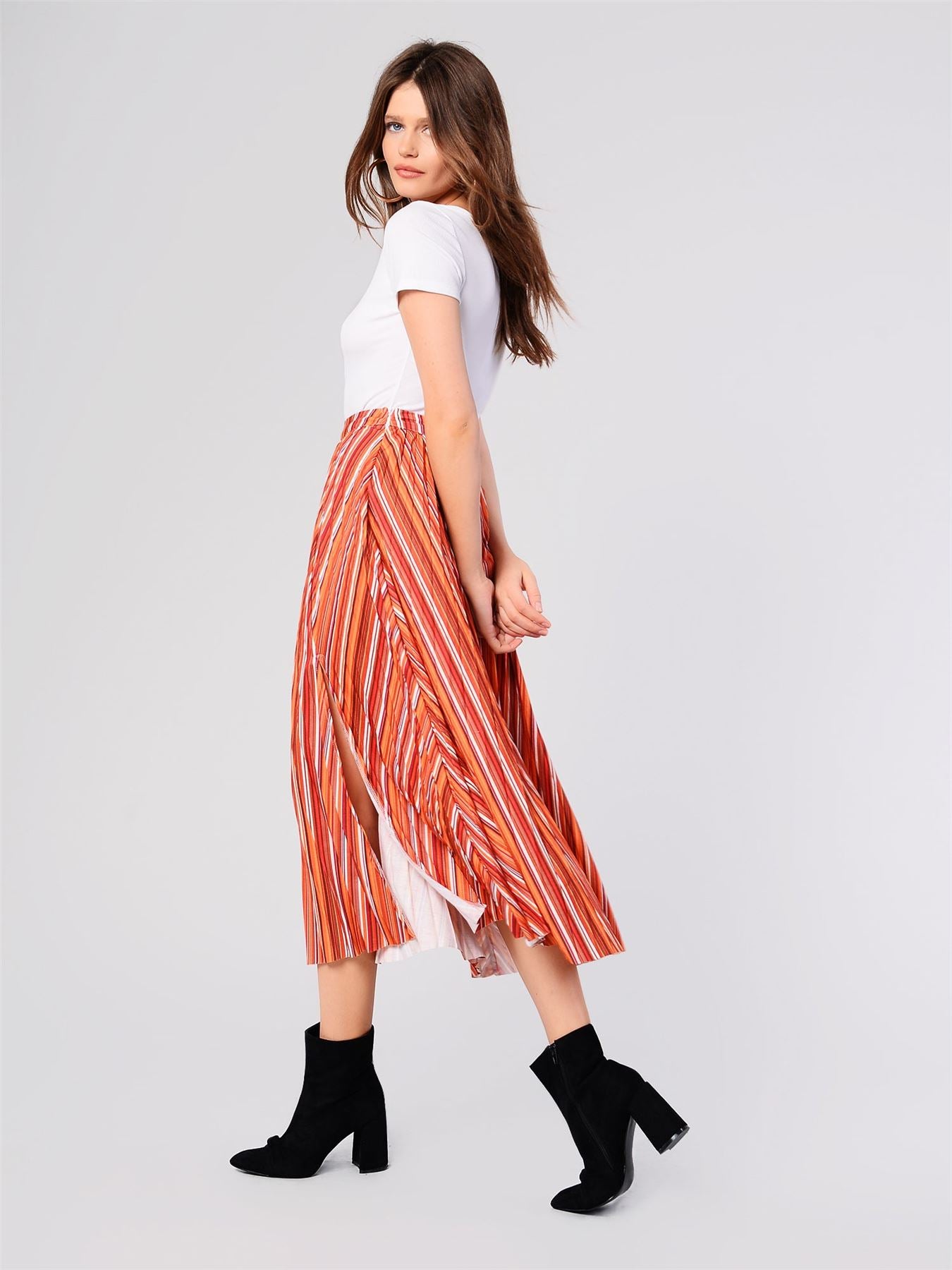 Glamorous Rust Stripe Pattern Side Split Midi Skirt