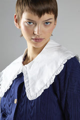 Knitted Cardigan With Frill Collar in Navy White