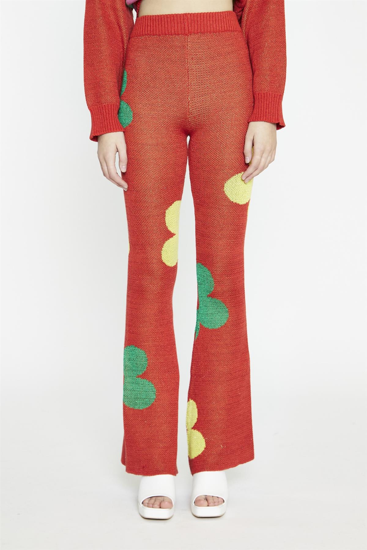 Red-Multi-Glitter Floral-Knit Flared-Leggings