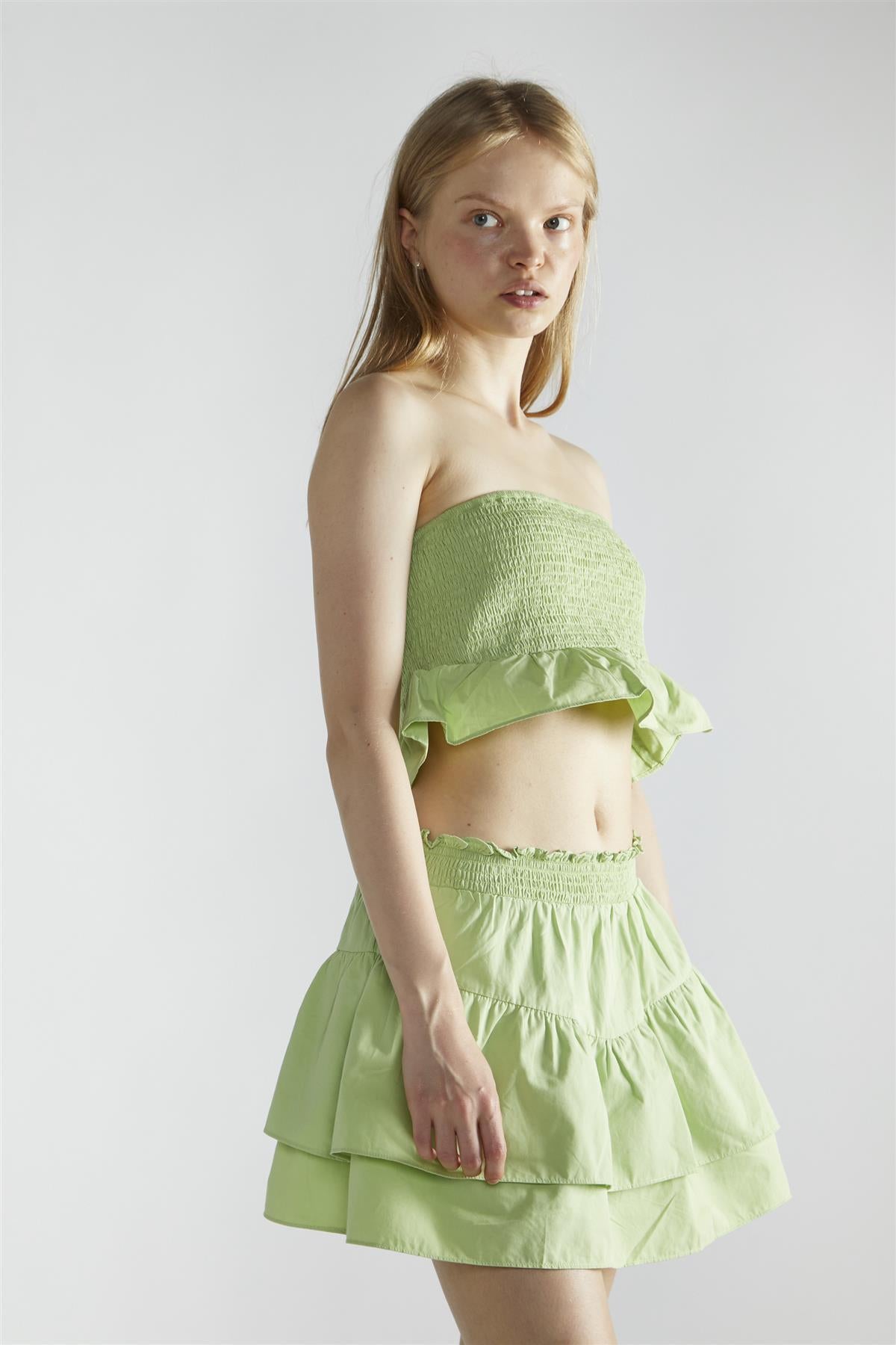 Apple-Green Shirred-Bandeau Crop-Top