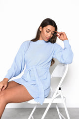 Light Blue Long Sleeve Tie-Waist Mini Dress