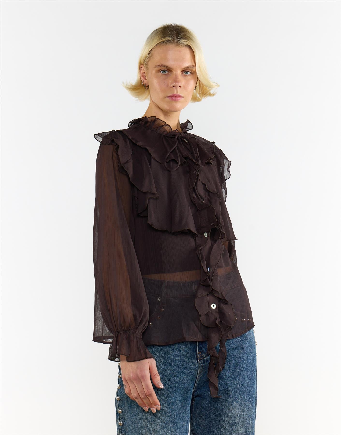 Button Front Ruffle  Blouse - Deep Brown