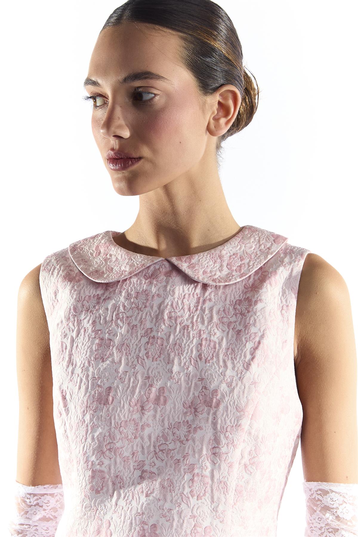 Pink Floral Brocade Collared Mini Dress with Dropped Waist