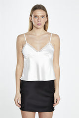 Ivory-Satin Lace-Trim Sleeveless-Top