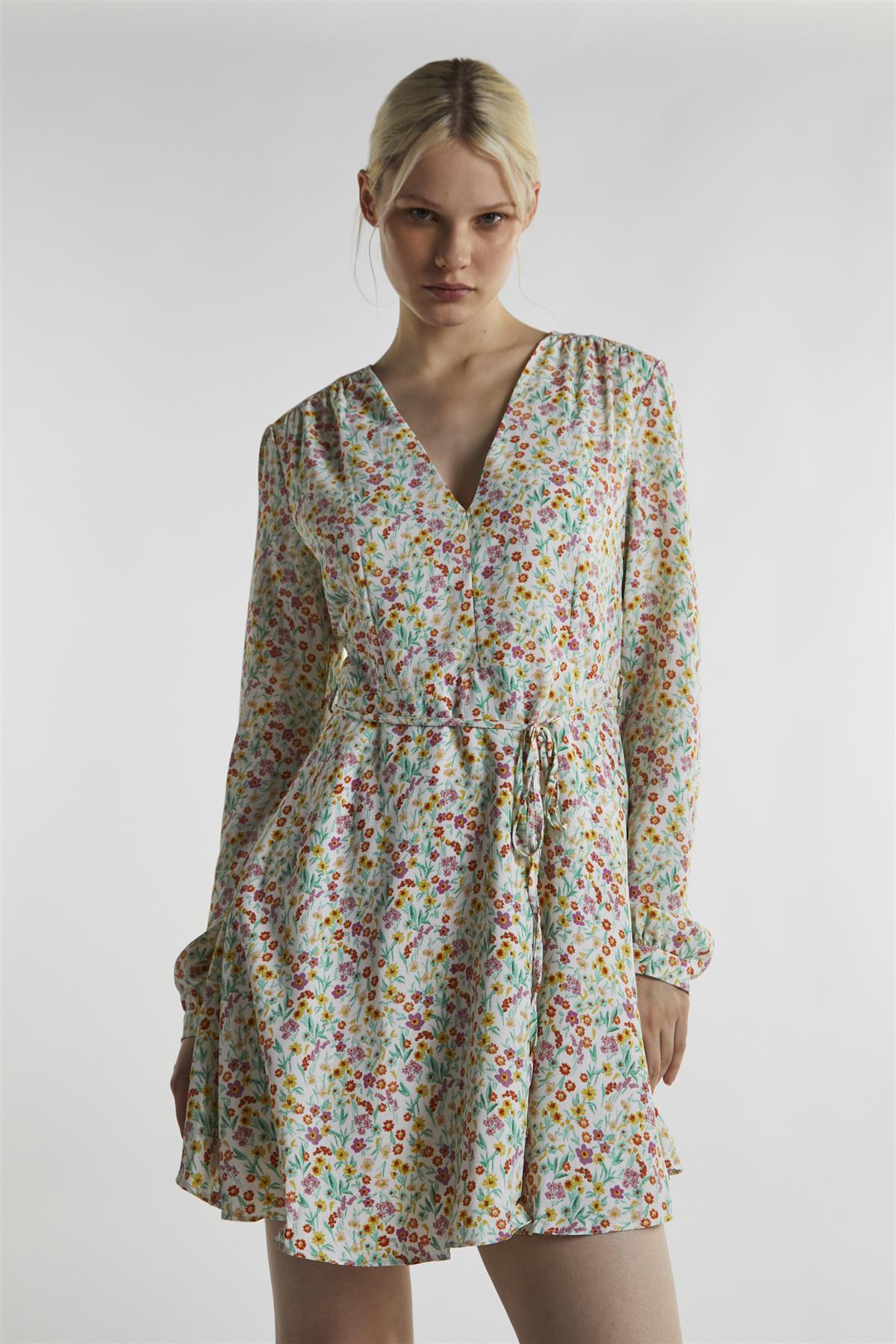 Citron-Orchid-Ditsy Long-Sleeve Mini-Dress