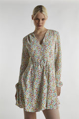 Citron-Orchid-Ditsy Long-Sleeve Mini-Dress