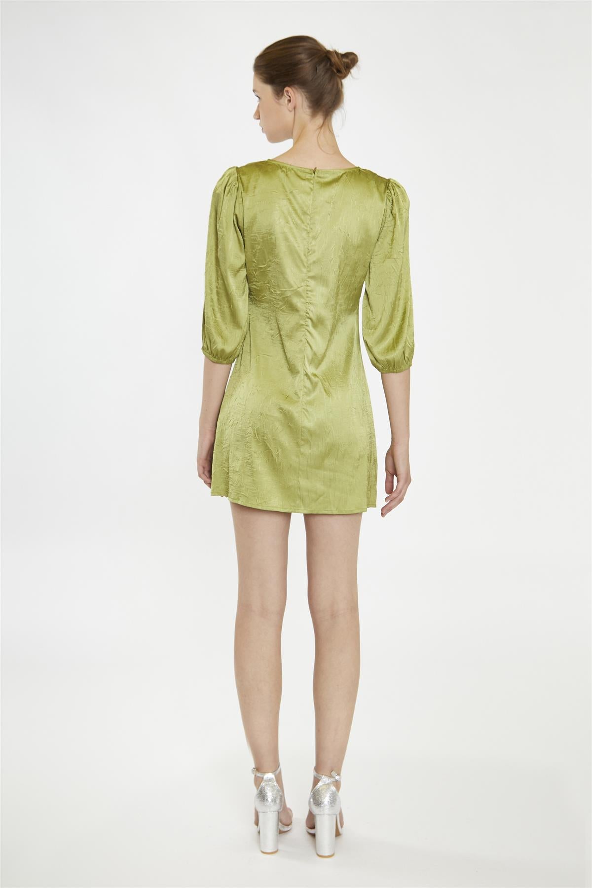 Light-Olive V-Neck-Ruched-Front Mini-Dress