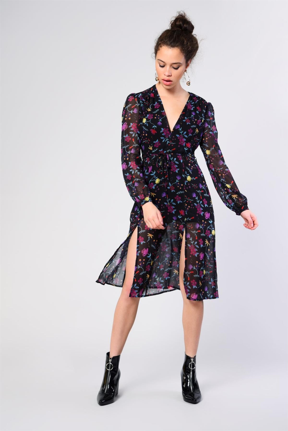 Black Watercolour-Floral Leg-Split Midi-Dress