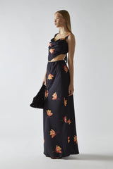 Black-Orange Flower Hanky-Hem Tie-Back Crop-Top