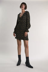 Black-Chartreuse-Ditsy Long-Sleeve-Ruffle-Trim Mini-Dress