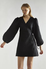 Black Jacquard V-Neck Tie Waist Mini Dress