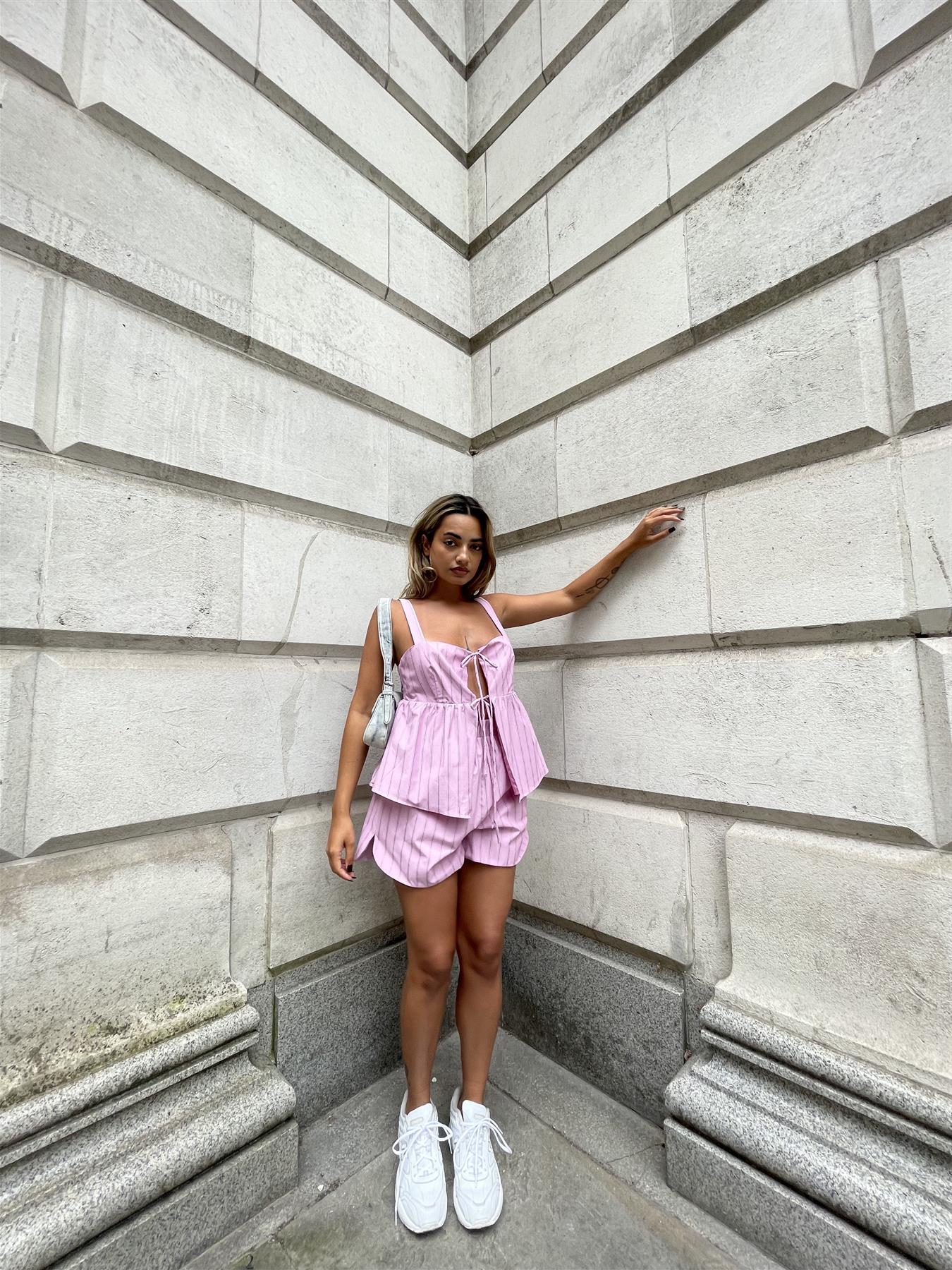 Pink Vertical-Stripe Side Split Shorts