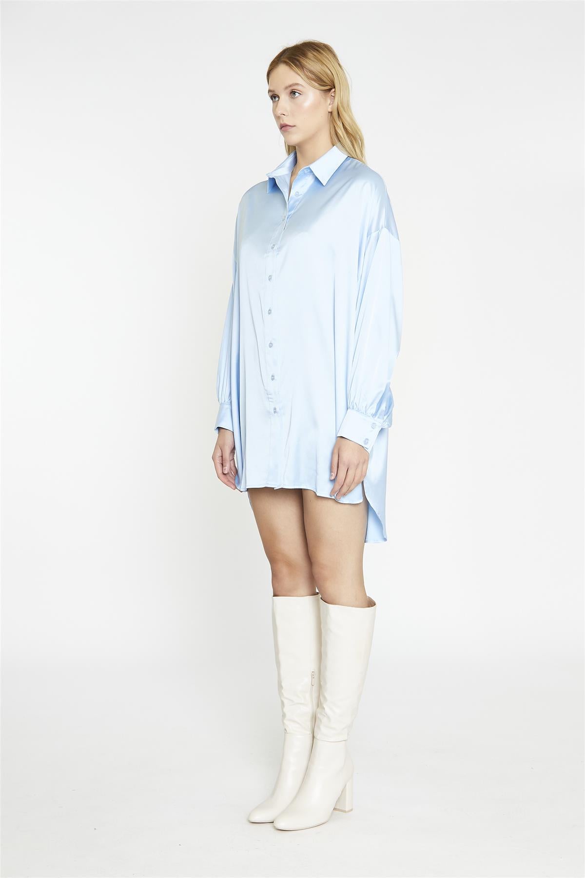 Pale-Blue Satin Shirt-Dress