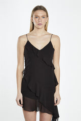 Black Asymmetric-Ruffle Mini-Dress