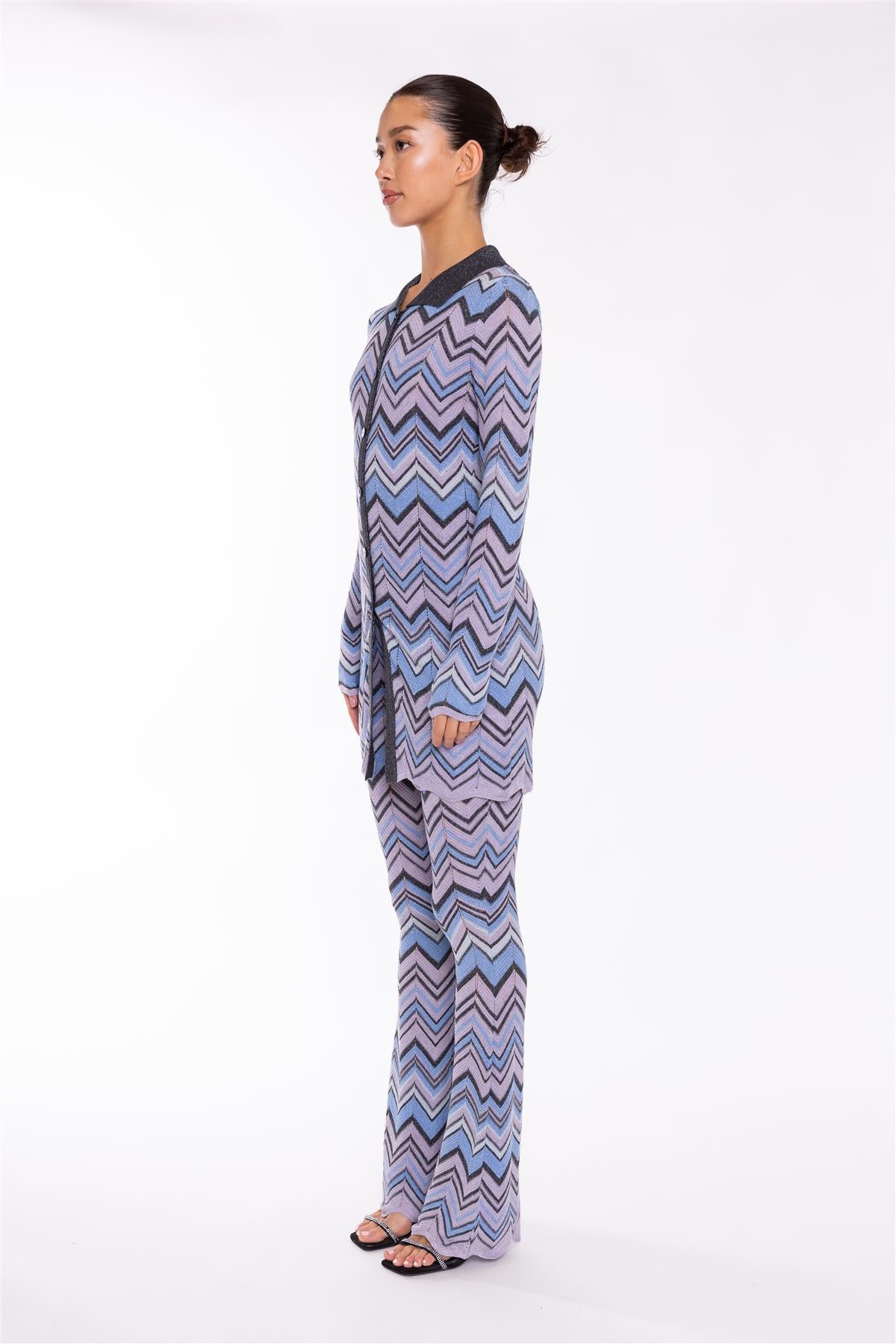 Full Sleeves Cardigan - Lilac Blue Chevron