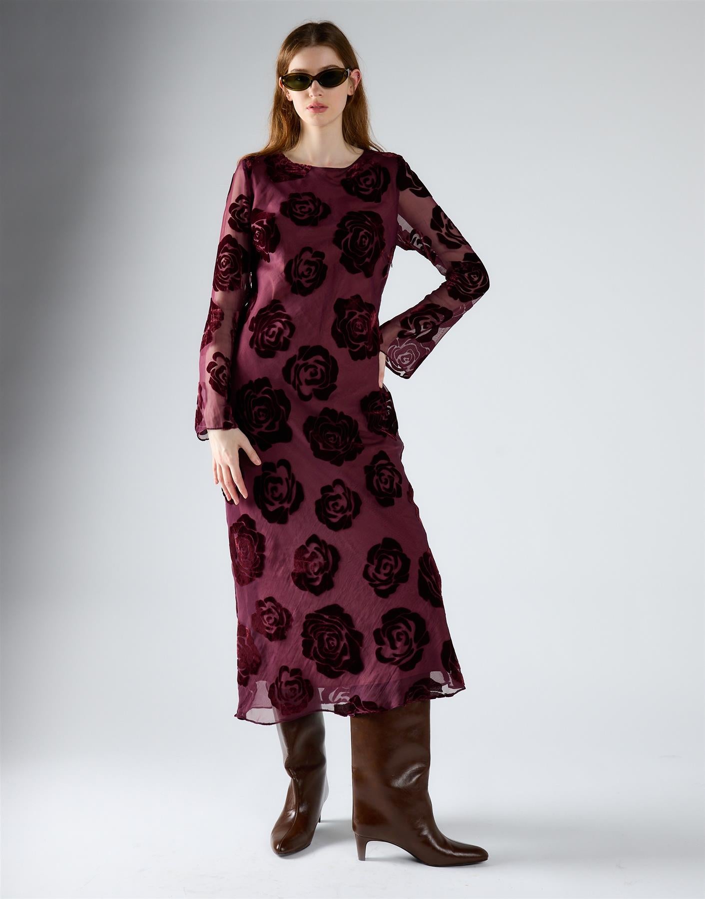 Burgundy Devore Rose Sheer Midi Dress