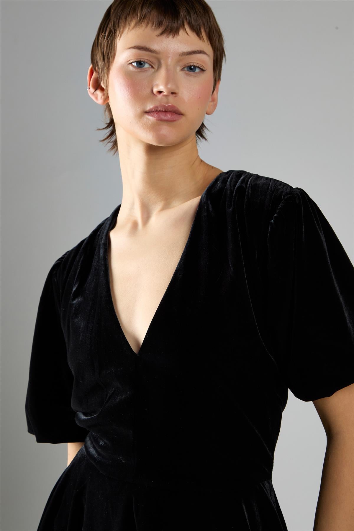 Black Velvet Short Sleeve Skater Mini Dress