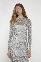 Grey-Snakeskin Mesh-Bodycon Midi-Dress