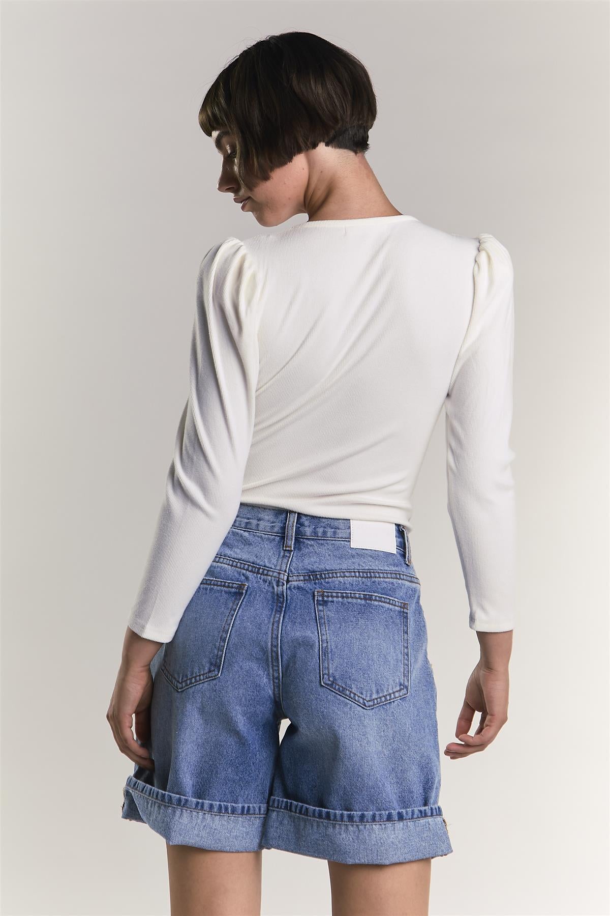 Off-White-Rib V-Neck Puff Shoulder-Bodysuit