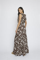Dark-Brown-Paisley Deep-V-Neck Maxi-Dress