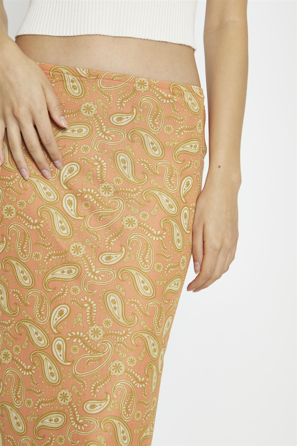 Orange Olive Paisley Mesh Low-Rise Midi-Skirt