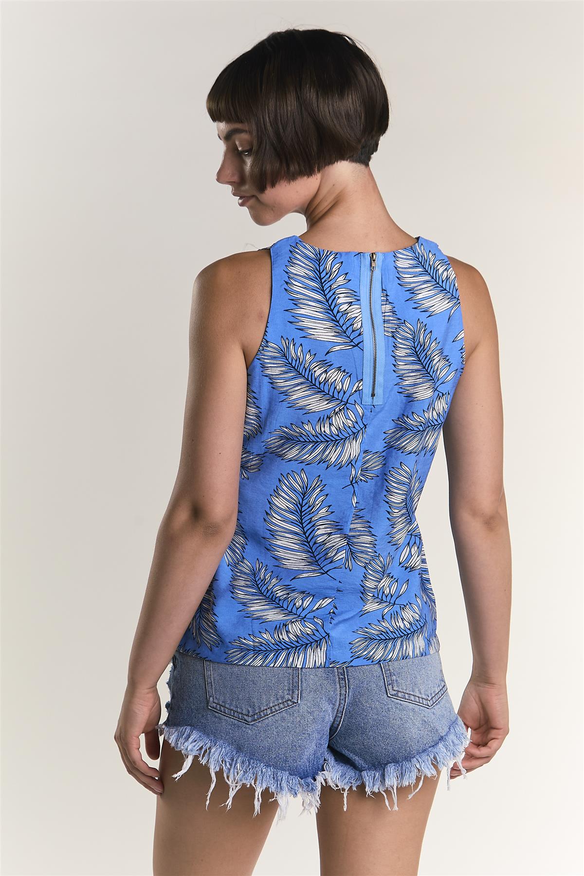 LADIES TOP-BLUE LEAF PRINT-2Xtra Small