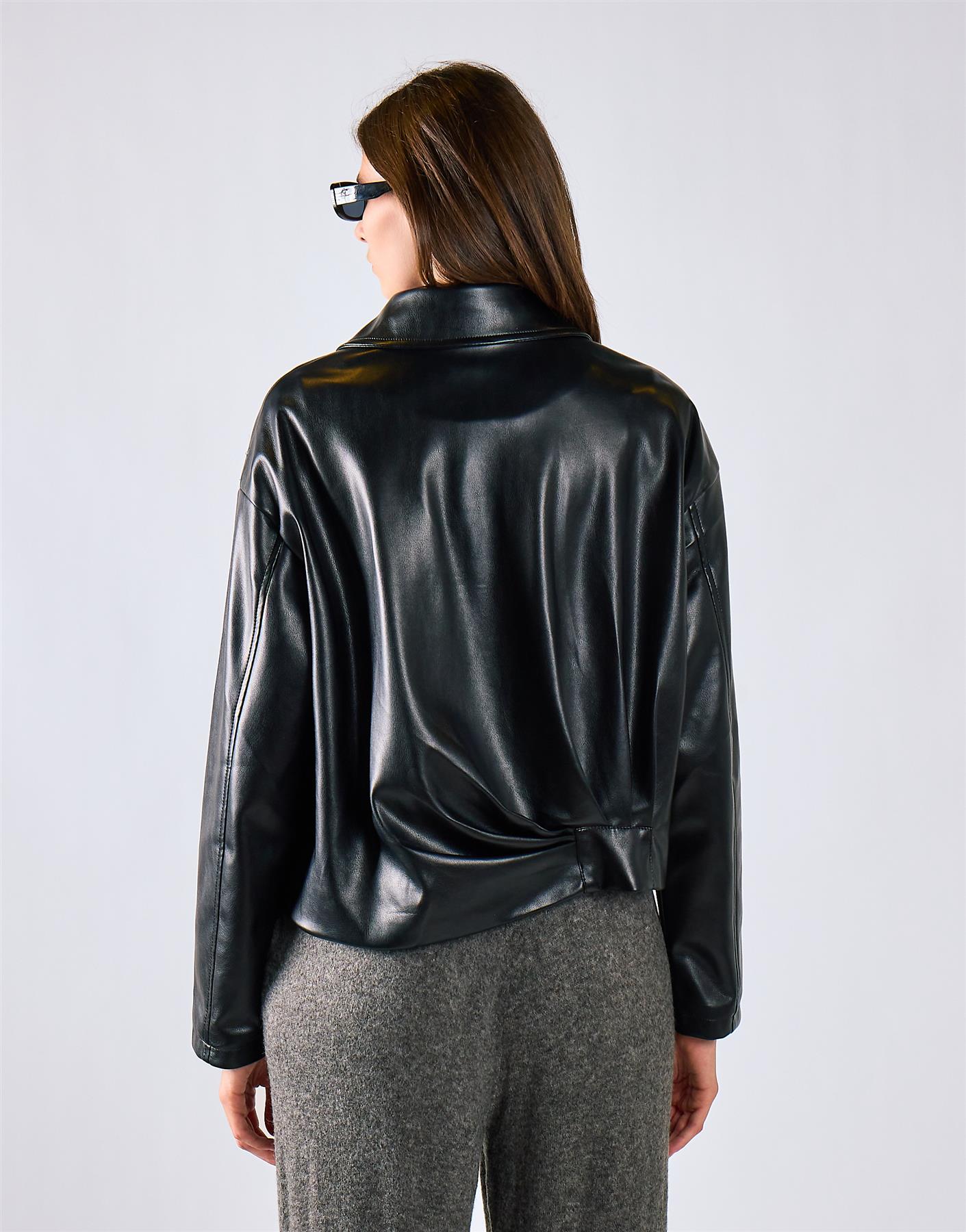 Black Pu Zip Up Jacket