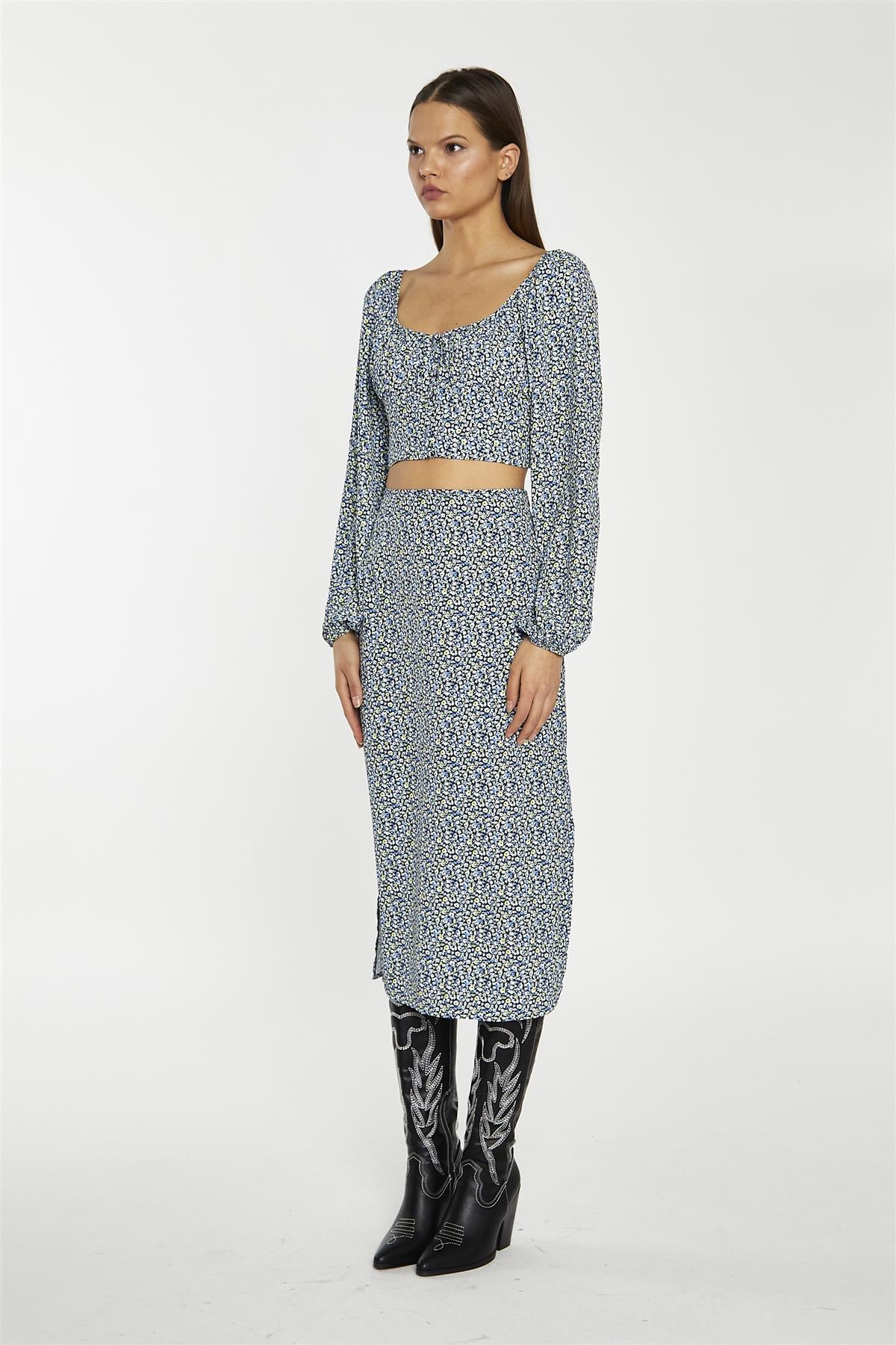 Pencil Midi Skirt - Blue Lime Ditsy