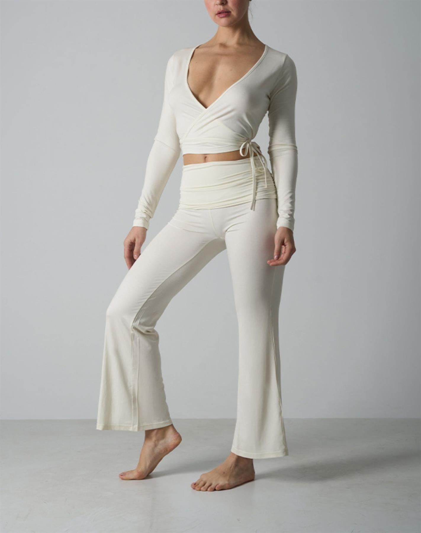 Agon Cream Long-Sleeve Wrap Top & Micro-Flare Trousers Set