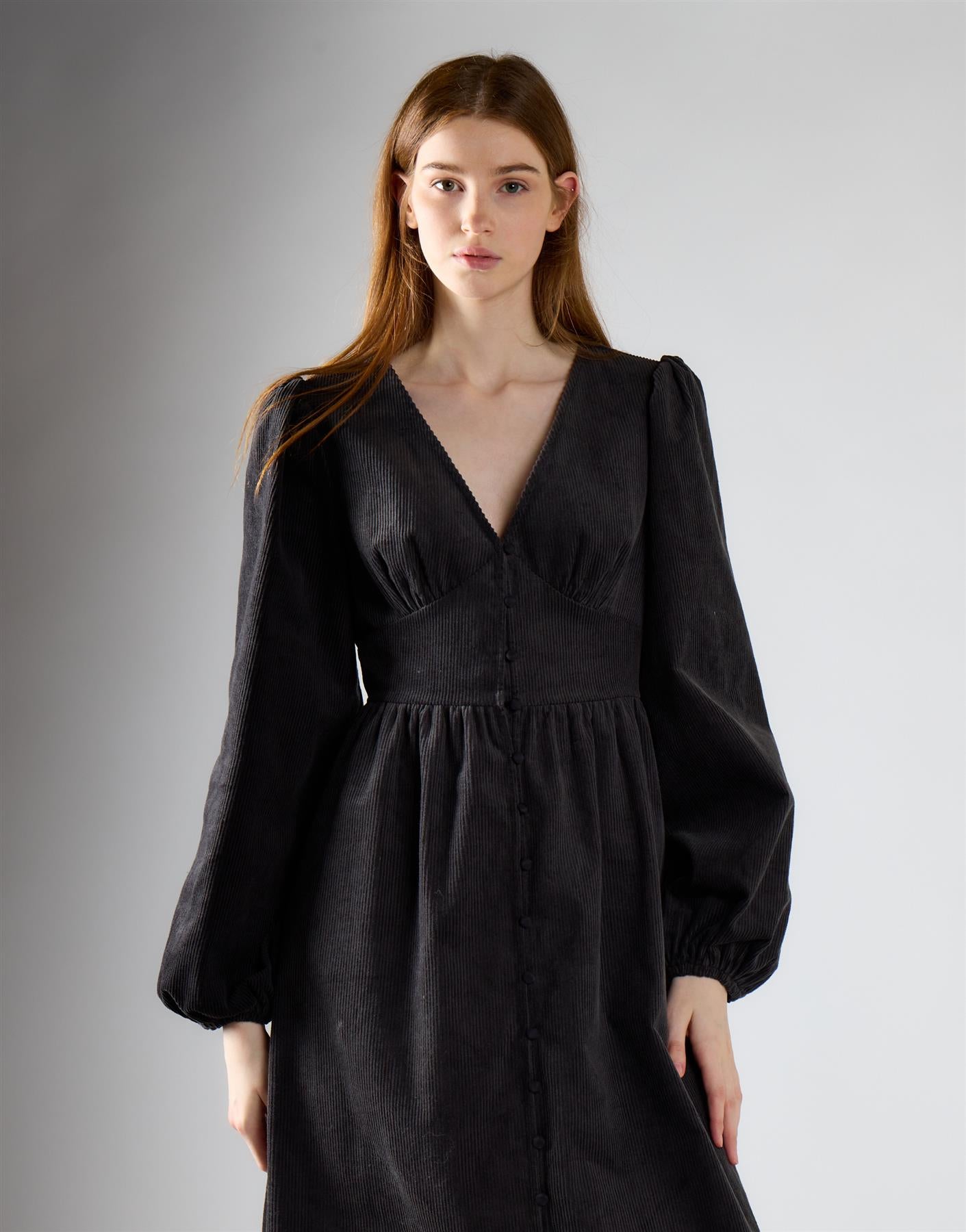 Dark Grey Corduroy V-Neck Button Midi Dress
