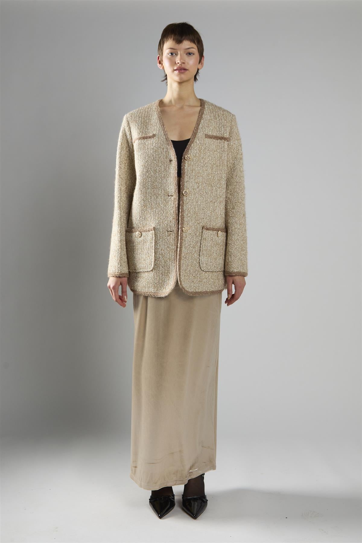 On-Trend Elegant Tweed Blazer in Stone Multi