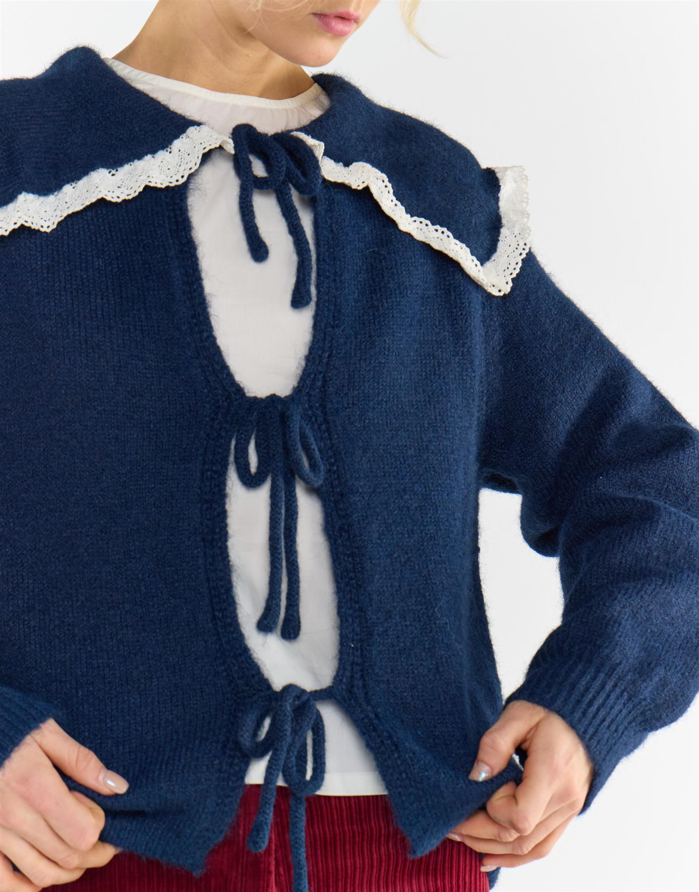 Navy Ruffle Trim Collar Tie-front Cardigan
