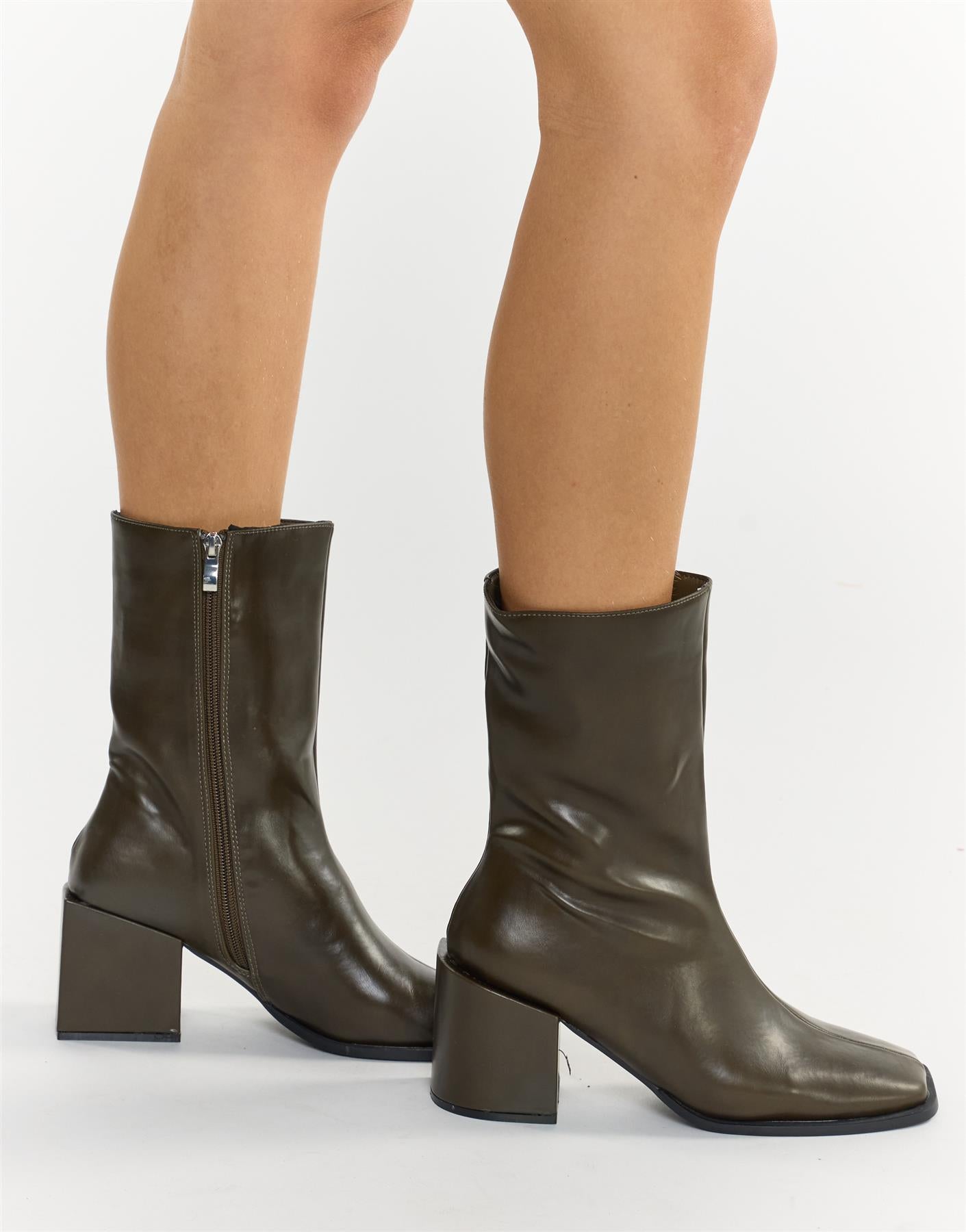 Olive Square Toe Block Heel Ankle Boots