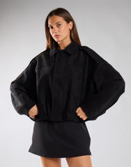 Black Suede Boxy Collared Jacket