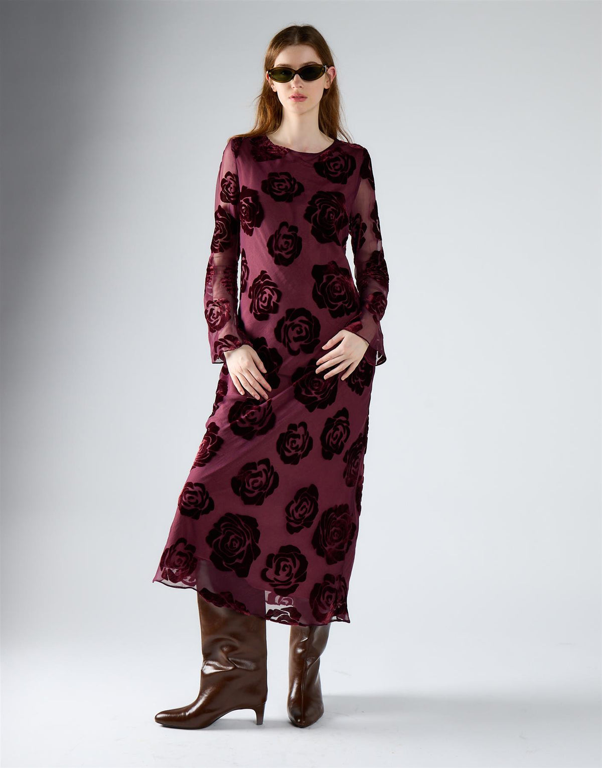 Burgundy Devore Rose Sheer Midi Dress