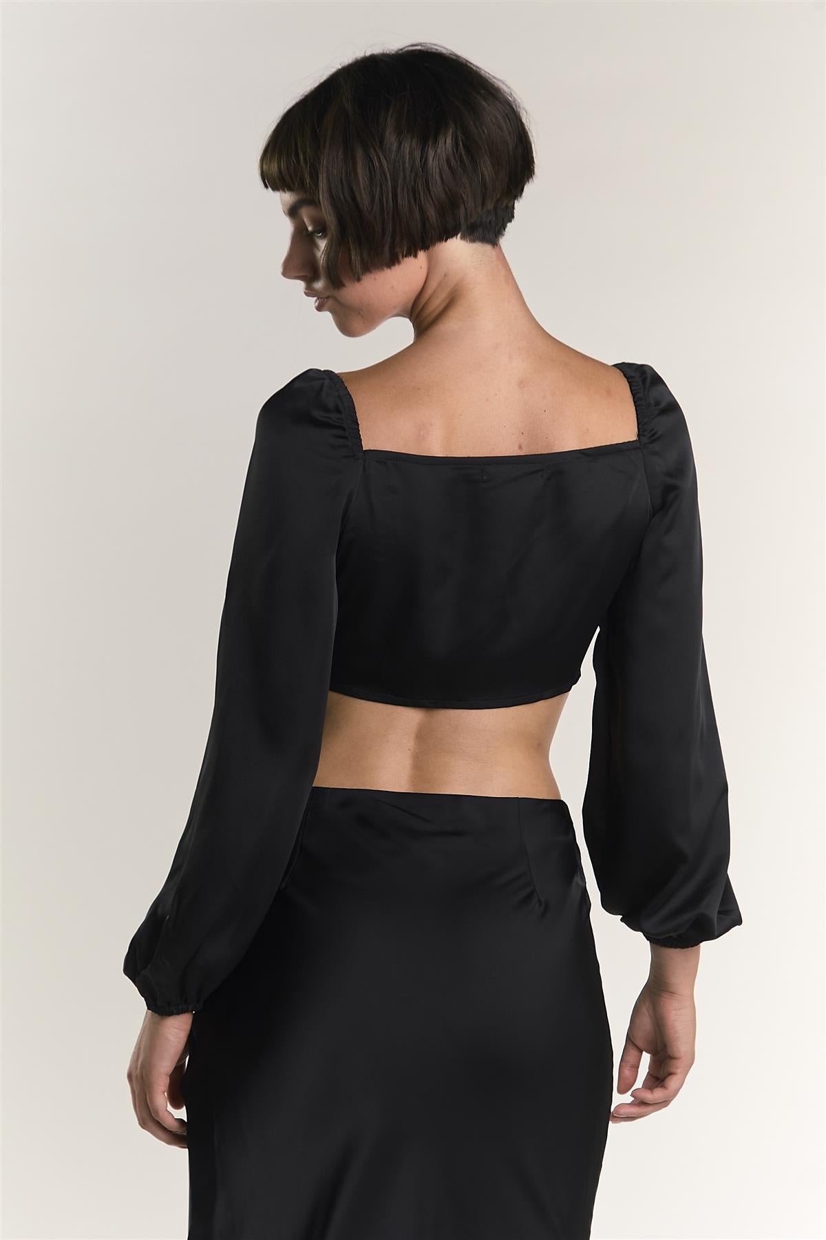 Black Tie Front Cropped Blouse Tops