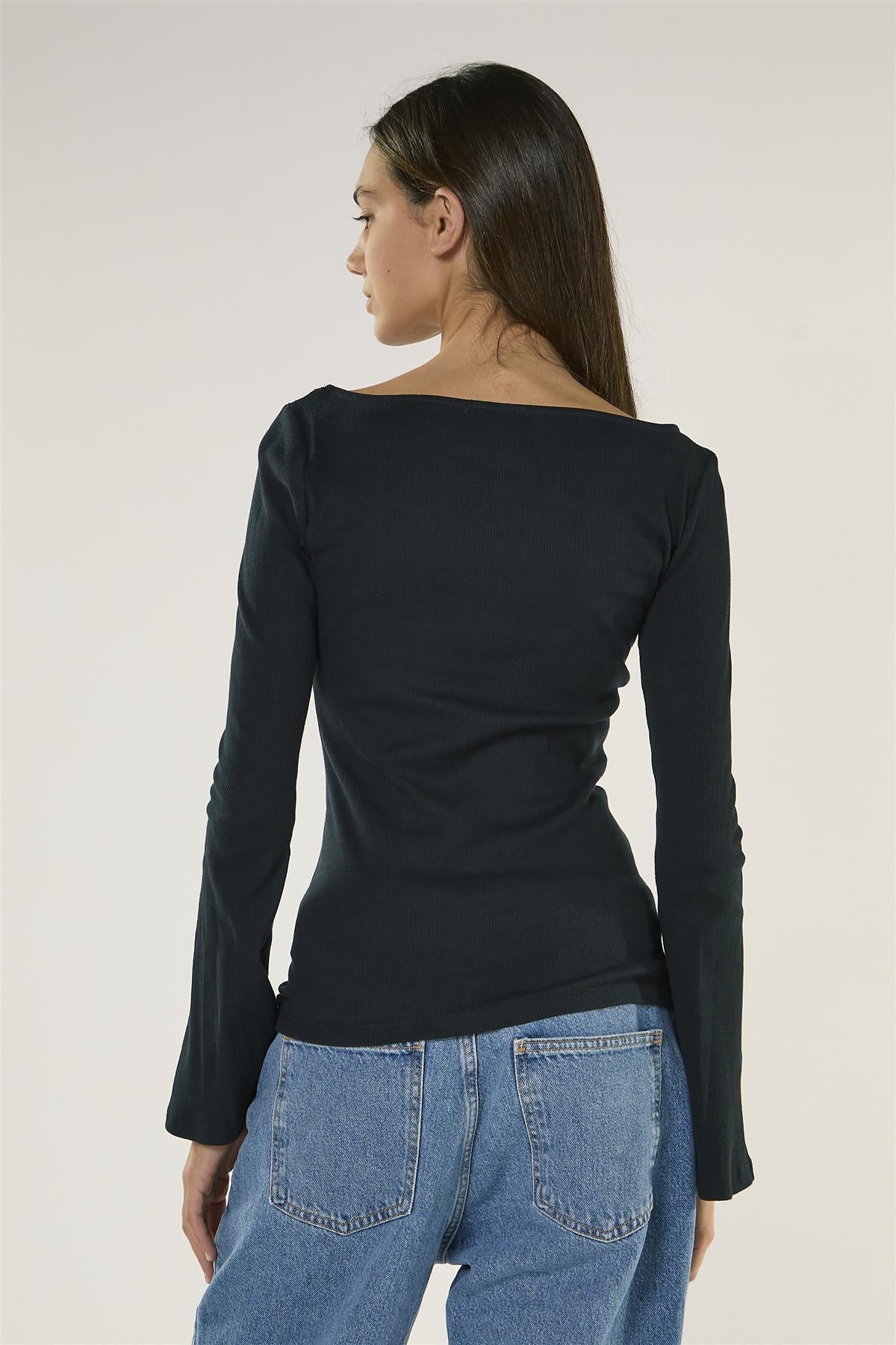 Dark Navy Boat Neck Long Sleeve Top