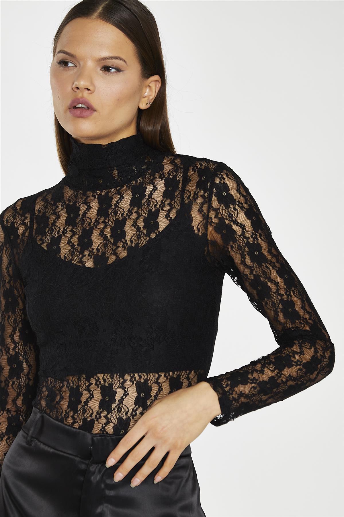 Black-Lace High-Neck Bodysuit