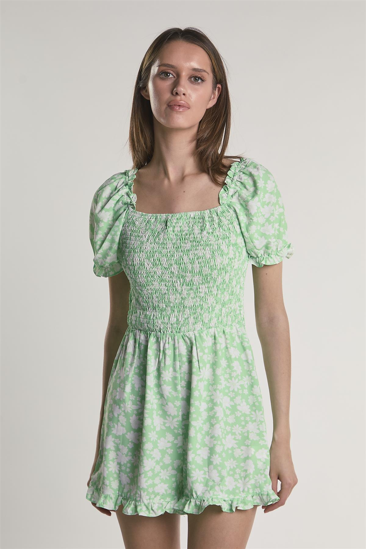 Green-Floral Square-Neck Short Sleeve-Playsuit