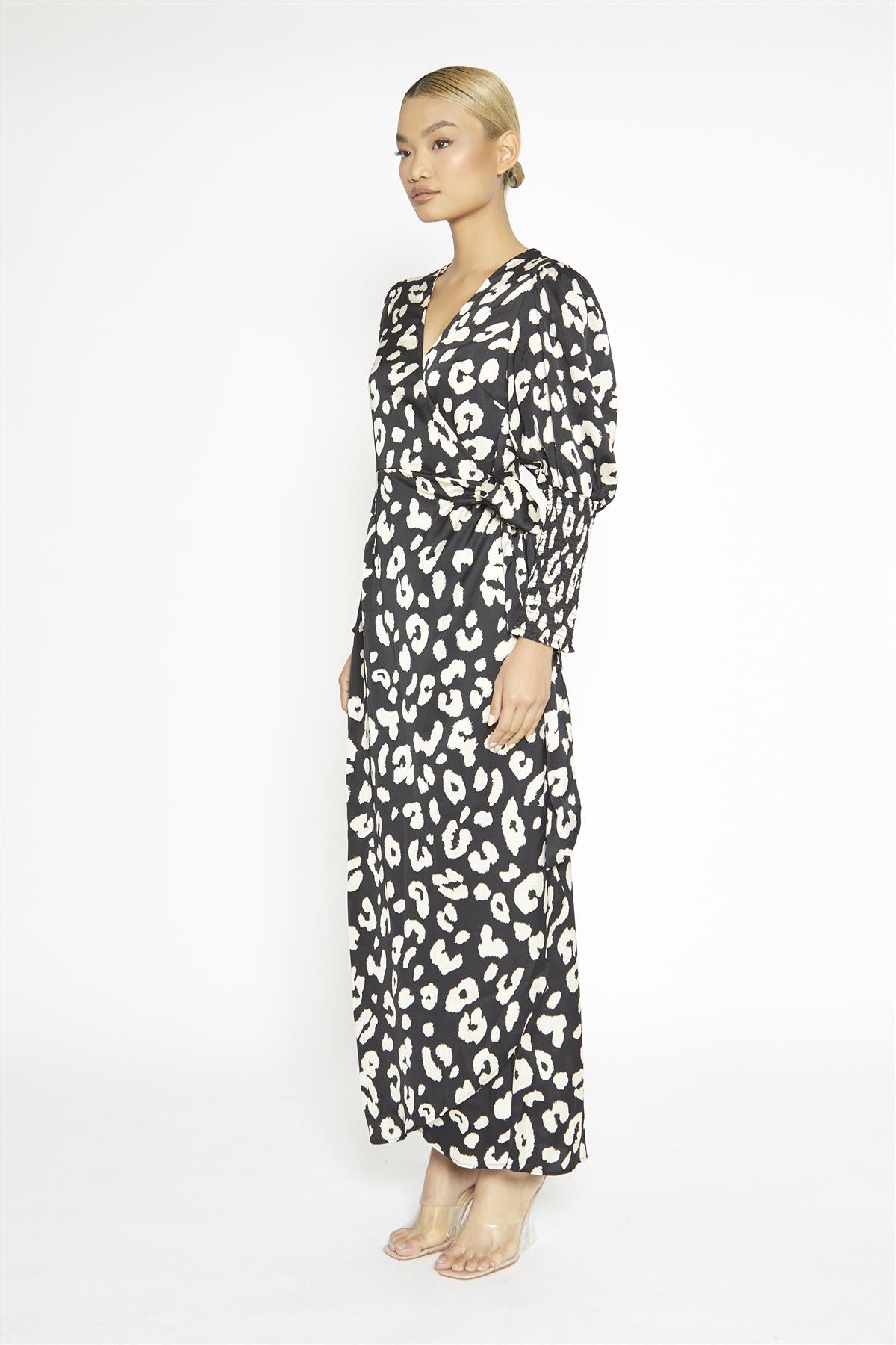 Black Cream Large Leopard Wrap Maxi Dress