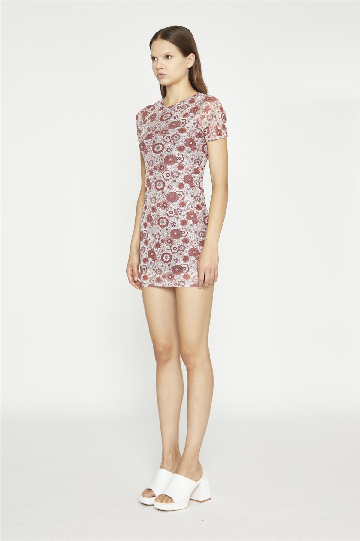 Nude-Brown-Vintage-Floral Body-Con Mini-Dress