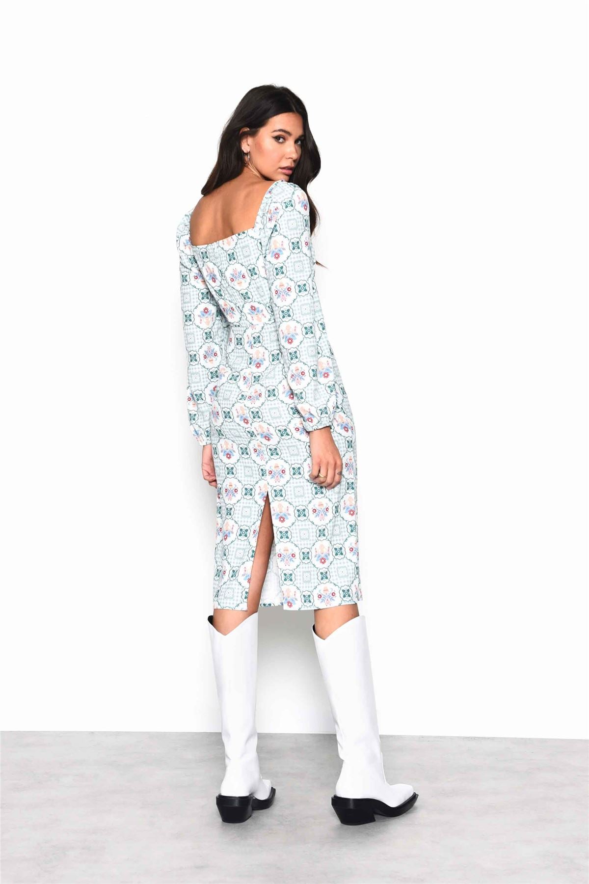 Green Floral Gingham Square Neck Midi Dress with Centre Back Split