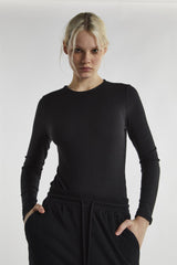 Black Rib Open Back Long-Sleeve-Bodysuit