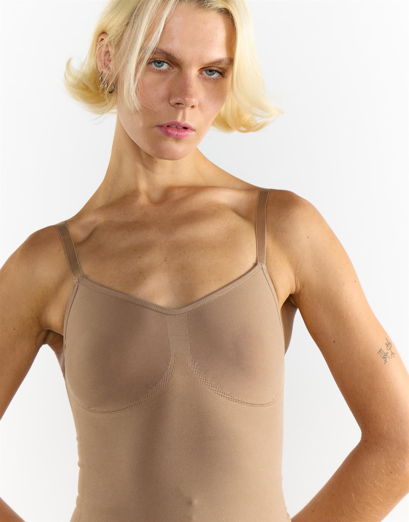 V-Neck Backless Shapewear Bodysuit - Beige