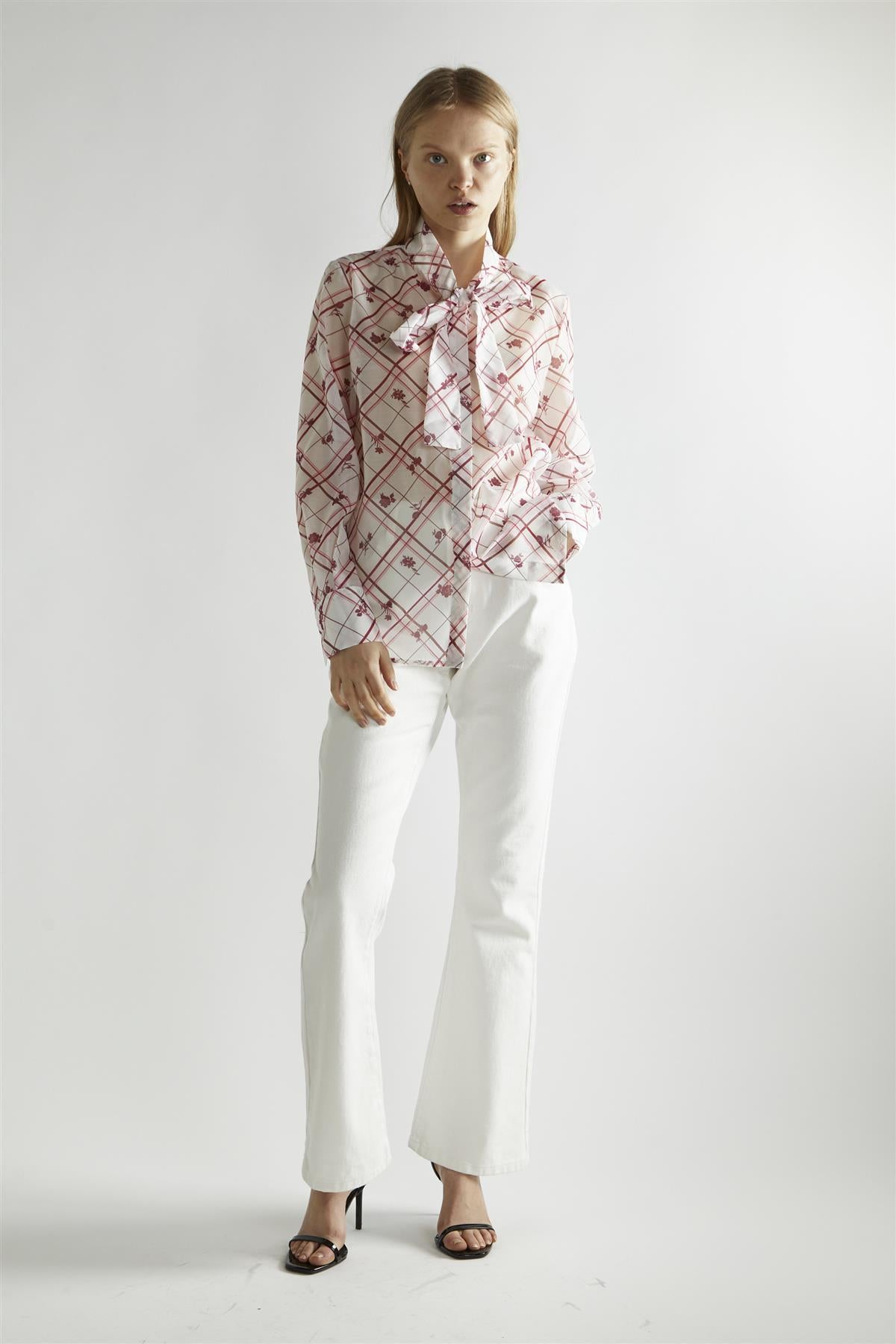 Burgundy Floral Check Tie Detail Blouse