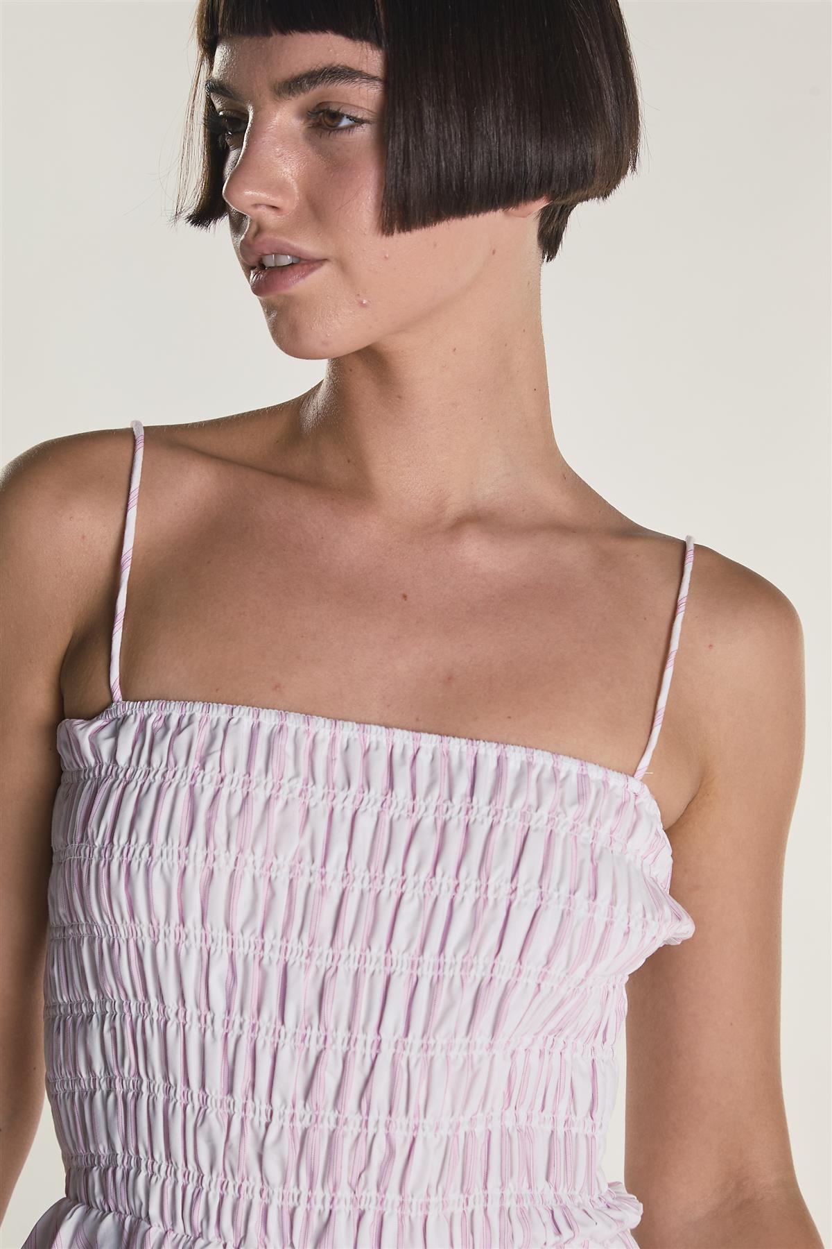 White Pink Stripe Strappy Shirring Maxi Dress